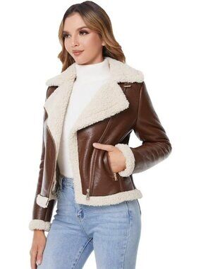 Women's Brown Polyurethane Faux Shearing Moto Thick Lined Winter Leather Jacket